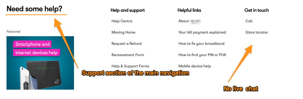 Example of a website failing to show live chat customer service option in the navigation.