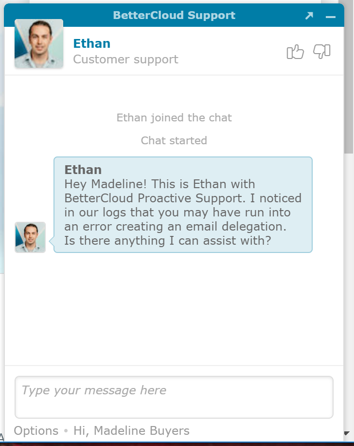 Example of a proactive approach to customer service in live chat.