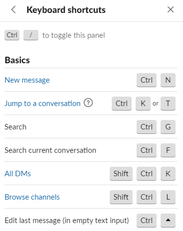 Keyboard shortcuts in Slack.