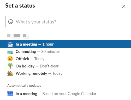 Setting up status in Slack.