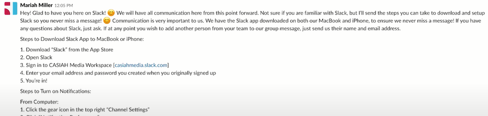 Exemplo de sequência de Slack onboarding.