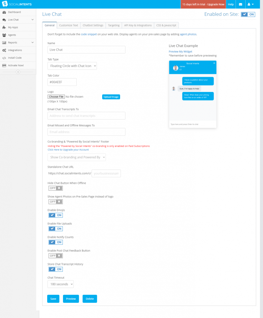 Live chat general settings.