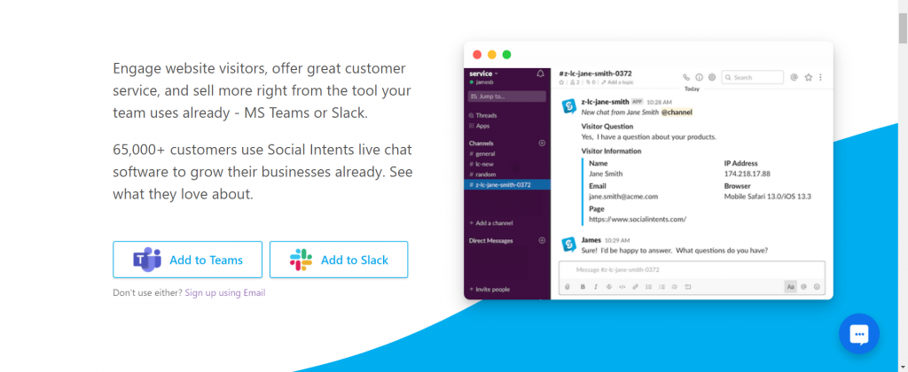 Live chat with Slack.
