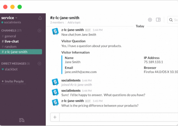 Using live chat with Slack on an ecommerce site.