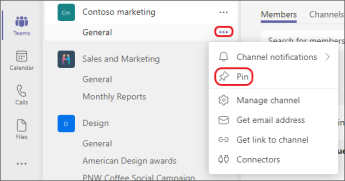 Pin channels in MS Teams.