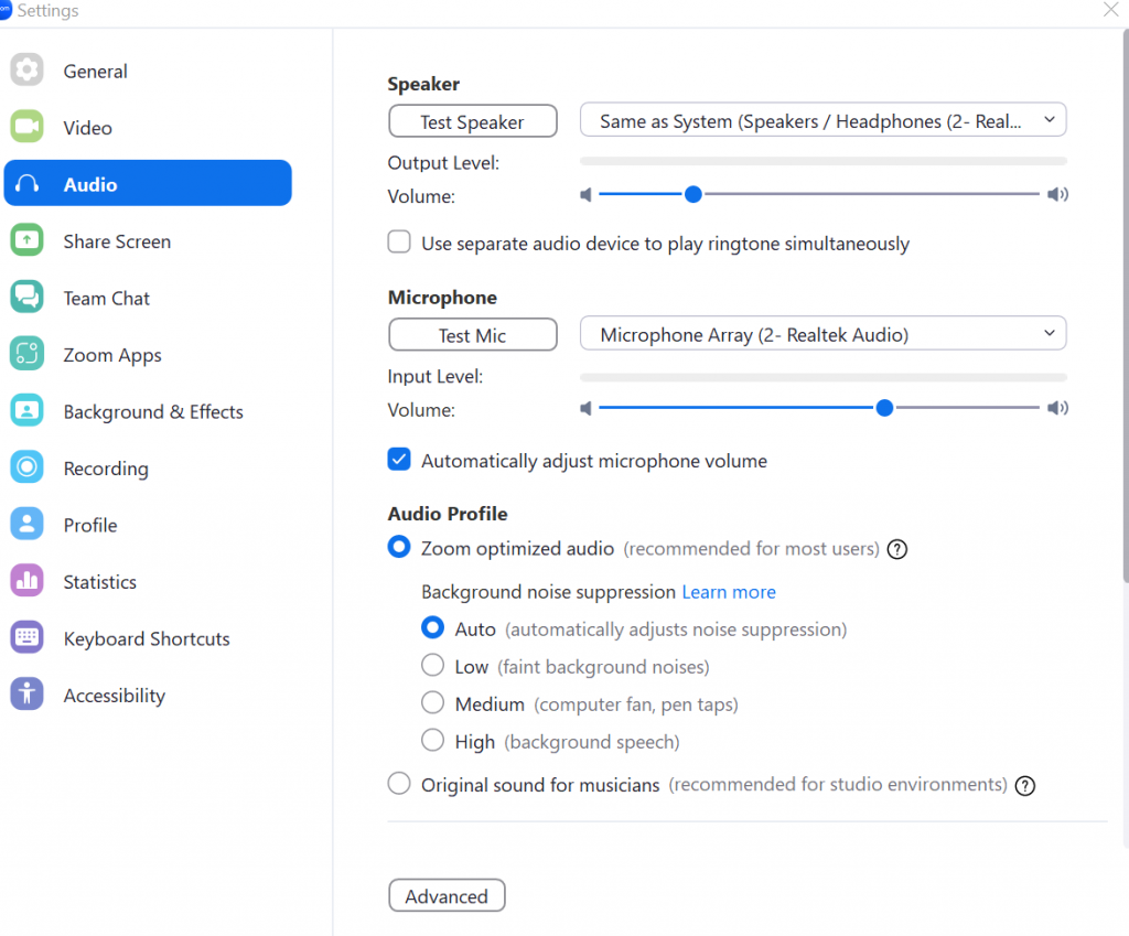 Audio settings on Zoom.