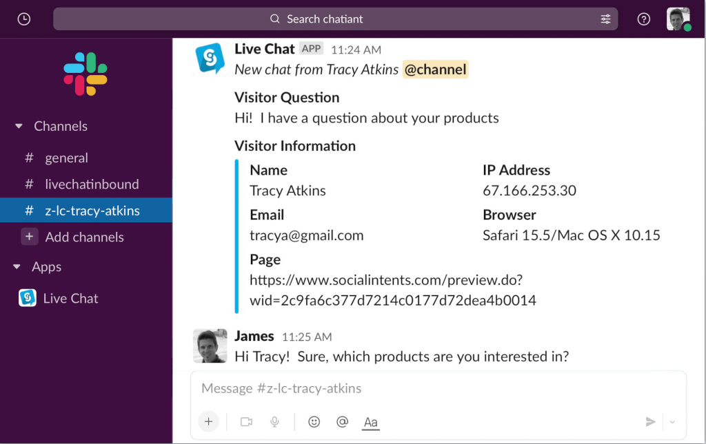 Example of live chat in Slack.