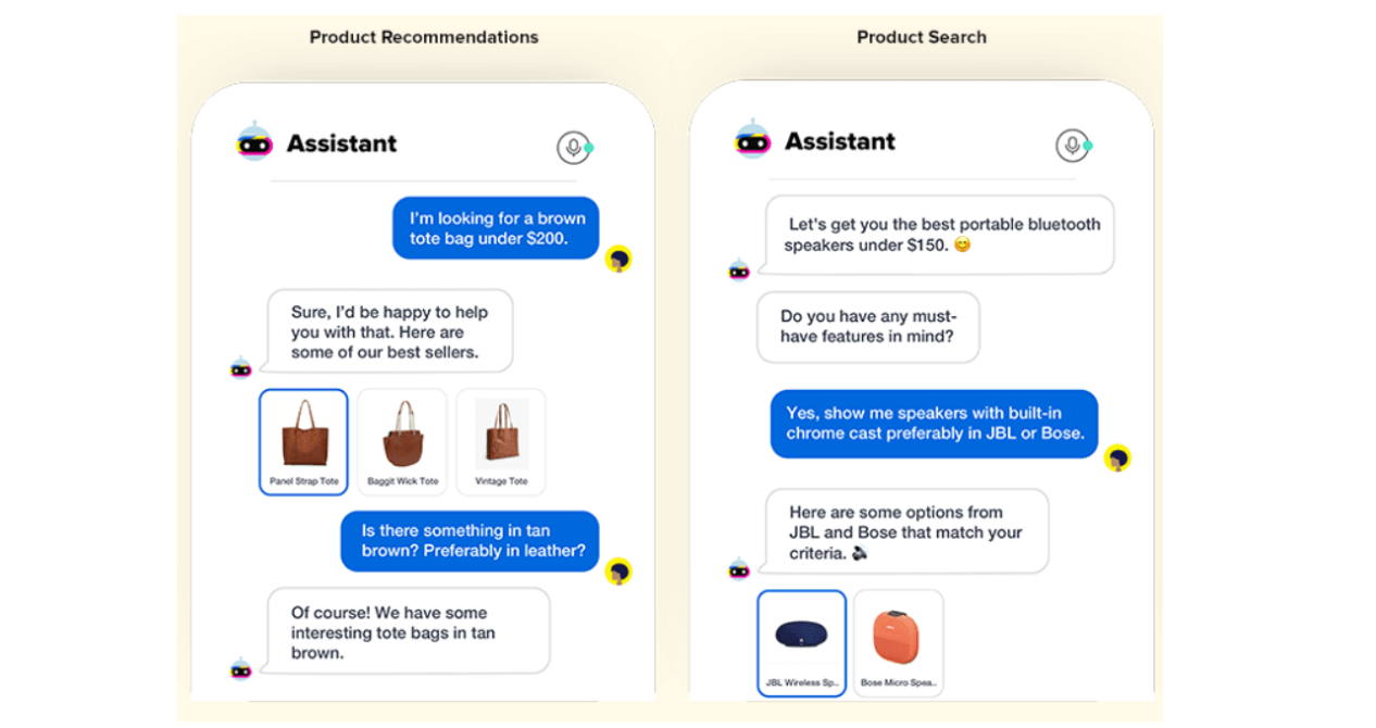 Chatbot makes product recommendations.