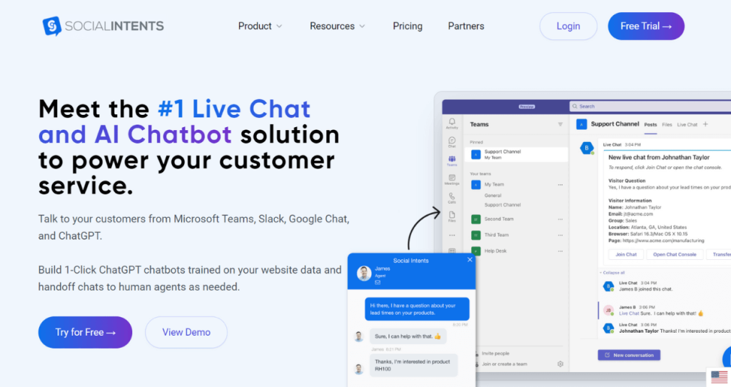 Social Intents Sales Chatbot Homepage