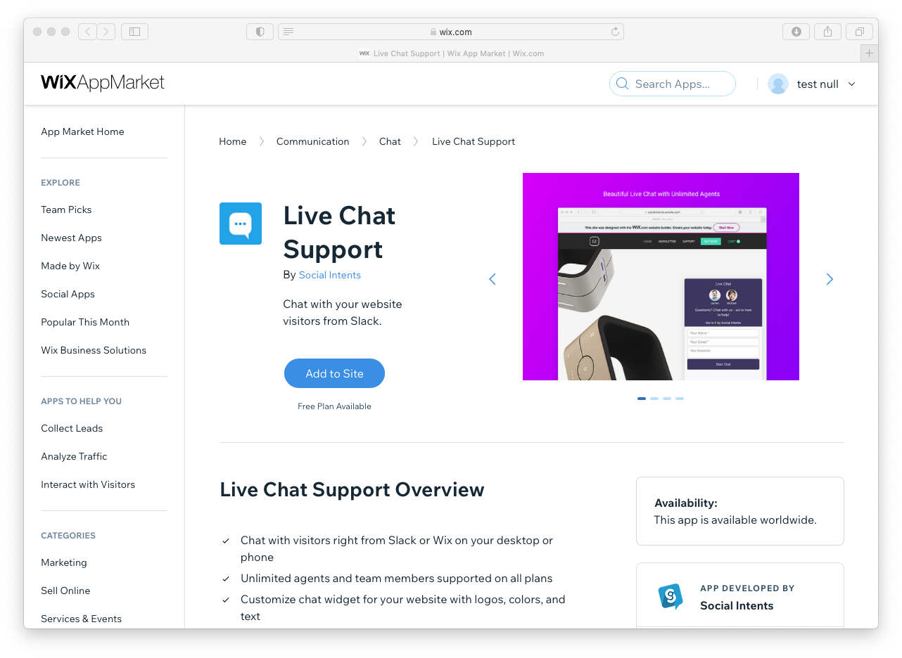 Connecting live chat with Slack example.
