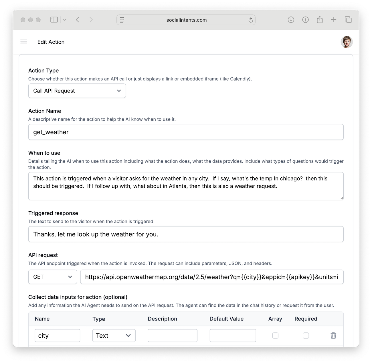 AI Custom Action API Request